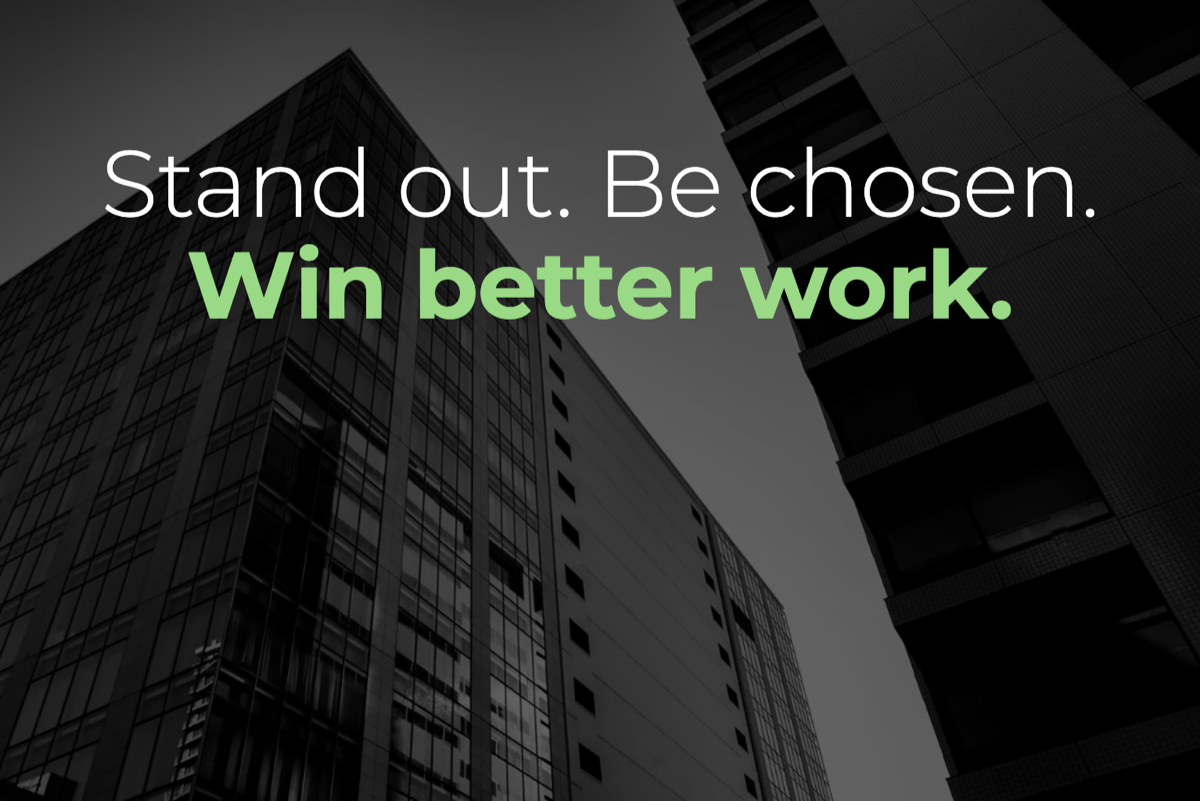 Stand out. Be chosen. Win better work. Headline over Brisbane commercial buildings